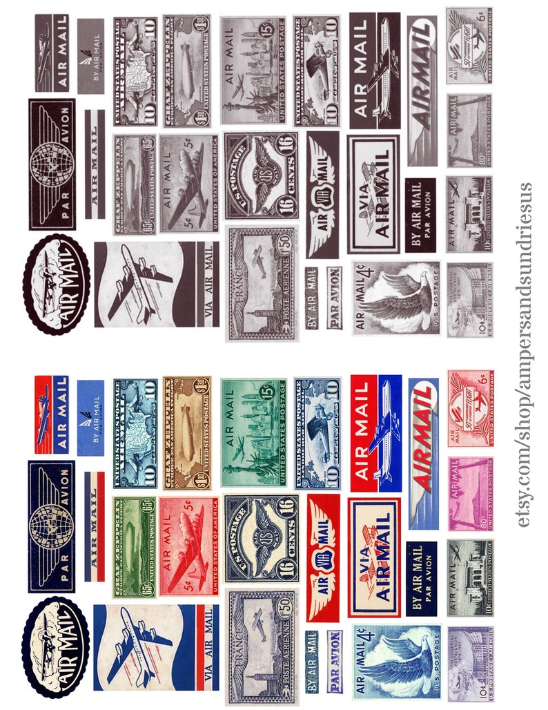 DIGITAL PRINTABLE Vintage Air Mail Labels and Stamps-Color and B&W Mail Art Junk Journal Bullet Journal Travel Journal Ephemera Scrapbook image 3