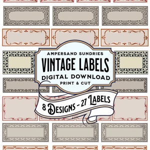 May include: A set of 27 vintage labels in 8 different designs. The labels are in black, white, red, and brown with intricate floral and scrollwork designs. The labels are perfect for adding a vintage touch to your crafts, gifts, and packaging.