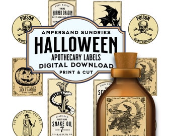 Etiquetas de boticario de estilo vintage para Halloween para imprimir en formato digital. Decoración de Halloween, etiquetas de pociones, álbumes de recortes, material efímero de Halloween.