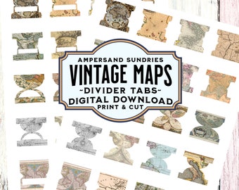 DIGITAL PRINTABLE Vintage Maps Divider Tabs | Cartography Ephemera Tabs for Junk Travel Bullet Art Journals Notebooks Customize in Canva