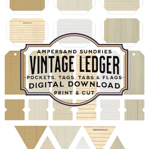 DIGITAL PRINTABLE | Vintage Ledger Pockets, Hang Tags, Page Tabs and Flags | Junk Journal Bullet Journal Ephemera Gift Tags Scrapbooking
