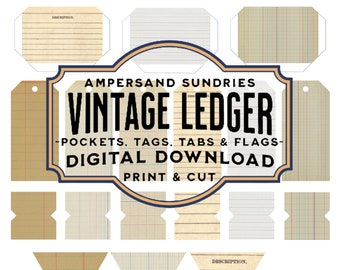 DIGITAL PRINTABLE | Vintage Ledger Pockets, Hang Tags, Page Tabs and Flags | Junk Journal Bullet Journal Ephemera Gift Tags Scrapbooking