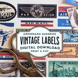 DIGITAL PRINTABLE Vintage Air Mail Labels and Stamps-Color and B&W Mail Art Junk Journal Bullet Journal Travel Journal Ephemera Scrapbook image 1