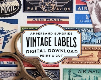 DIGITAL PRINTABLE Vintage Air Mail Labels and Stamps-Color and B&W | Mail Art Junk Journal Bullet Journal Travel Journal Ephemera Scrapbook