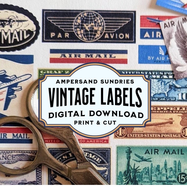 DIGITAL PRINTABLE Vintage Air Mail Labels and Stamps-Color and B&W | Mail Art Junk Journal Bullet Journal Travel Journal Ephemera Scrapbook