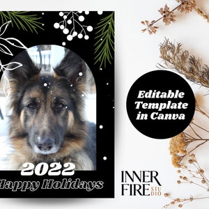 Holiday Card Pet Photo | Personalized Christmas Greeting | Happy Holidays | Editable Black Template in Canva | 5x7 | Customizable | Digital