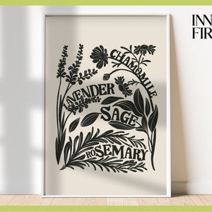 Kräuter Print | Salbei Rosmarin Lavendel Kamille | Wandkunst | Kunstwerk | Blau Grün Beige | Kräuterkunde | Handgezeichnet | Gartenarbeit Dekor | Plakat