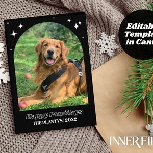 Tarjeta navideña con foto de mascota / Saludo navideño personalizado / Felices fiestas navideñas / Plantilla negra editable en Canva / 5x7