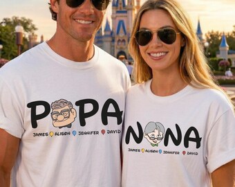 Disney Up Papa and Nana Tshirt, Carl and Ellie Grandparents Shirt, Grandkids Name Shirt Gift, Adventure Is Out There Family Tee