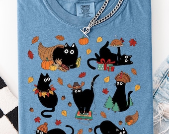 Thanksgiving Black Cat Comfort Colors® Tshirt, Autumn Cat Lover Tee, Pumpkin Season Cat Mom Shirt