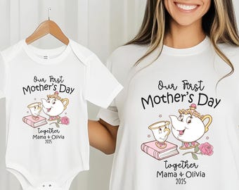 Mrs Potts första mors dag-tröja, personlig t-shirt med mors dag-motiv, present till mors dag, mamma och mini-set, mamma och jag mors dag-set