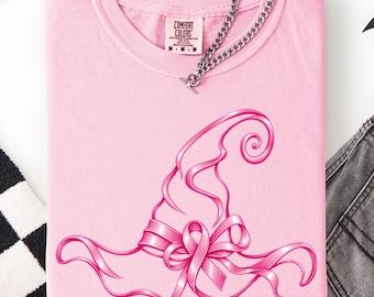 Witch Hat Cancer Awareness Comfort Colors® T-shirt, Spooky Pink October Shirt, Halloween Breast Cancer Tee