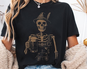Skeleton Drinking Beer Comfort Colors® T-shirt, Oktoberfest Skeleton Shirt, Bavarian Skeleton Tee