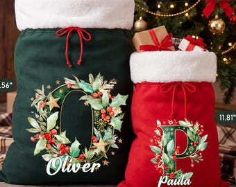 Custom Name Christmas Bag, Winter Greenery Letter Santa Sack, Personalized Holiday Kids Stocking