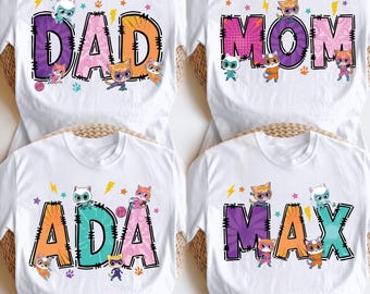 Superkitties personlig t-shirt, familjefödelsedag Disney Super Kitties: Grinny, Buddy, Spark, Bitsy personlig partytröja, katter familjetröja