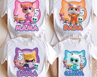 Koszulka urodzinowa Superkitties, spersonalizowana koszulka z kotami, spersonalizowana koszulka imprezowa Super Kitties: Grinny, Buddy, Spark, Bitsy, rodzinna koszulka z kotami