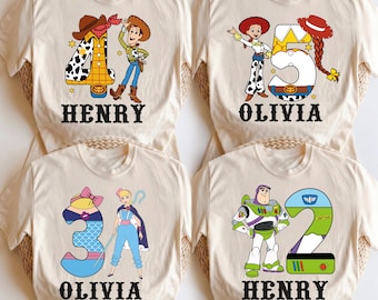 Maglietta per il compleanno di Toy Story, maglietta per il compleanno di Buzz Lightyear Disney, maglione personalizzato per il compleanno di Jessie, maglietta per la festa di compleanno di Woody e Bo Peep