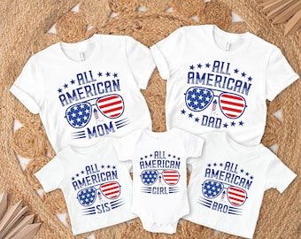 All American familj matchande t-shirt, American juli mamma pappa t-shirt, patriotisk familjegåva, amerikansk familjefest, All American Mama t-shirt