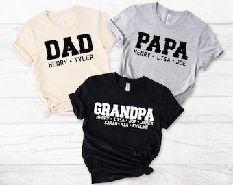 Aangepast opa-shirt, papa-shirt met kindernamen, cadeau grootvader, papa-shirt met kleinkinderen, gepersonaliseerd Vaderdag-T-shirt, dada-T-shirt