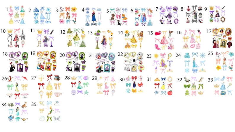 a grid of various colorful and whimsical illustrations, including characters, objects, and decorative elements. The illustrations appear to be from a collage or a collection, and the image is not described in detail. The image does not contain any text or specific information about the content or context.