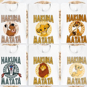 six white t-shirts with the text "HAKUNA MATATA" printed on them, featuring illustrations of the main characters from the Disney film "The Lion King".