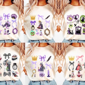 The image is a collage of six images featuring a white t-shirt with various cartoon-style illustrations and designs, including characters, objects, and accessories.
