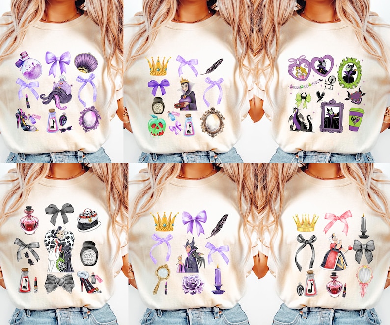 The image is a collage of six images featuring a white t-shirt with various cartoon-style illustrations and designs, including characters, objects, and accessories.