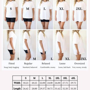The image is a size fit guide for a t-shirt, showing different sizes and fits for a model. It includes images of a woman wearing the t-shirt in various sizes, along with measurements and descriptions of the fit and comfort levels for each size.