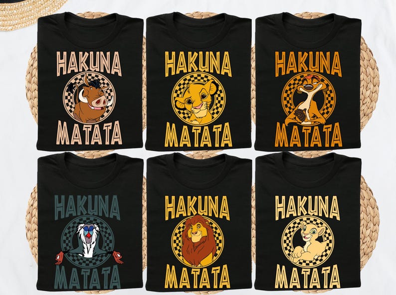 A collage of six black t-shirts with the text "HAKUNA MATATA" printed on them, featuring illustrations of different animals from the Disney film The Lion King.