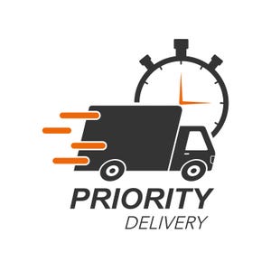 May include: A black delivery truck with orange speed lines, a clock with a black hand, and the text "PRIORITY DELIVERY".