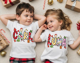 Camiseta navideña infantil con nombre, camiseta navideña personalizada, camiseta familiar de Papá Noel
