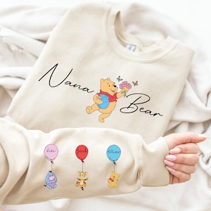 Mama Bear Gift Tee,  Mom Sweatshirt, Winnie the Pooh Nana Shirt, Mother's Day Gift, Grandma Sweater, Kids Name on Sleeve Crewneck