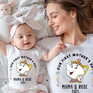 Mrs. Potts 1st Mother&#39;s Day Shirt, Mrs Tea Pot and Chip First Mother&#39;s Day Sweatshirt, Infant Mother Day Gift, First Mother Day Matching Tee