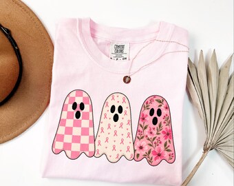 Camiseta Ghost Cancer Support Comfort Colors®, Sudadera con lazo espeluznante contra el cáncer de mama, Camiseta En octubre vestimos de rosa