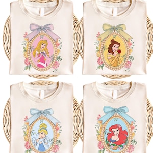 Coquette Disney Princess Shirt, Cinderella T-Shirt, Snow White Tee, Tiana Bow Sweatshirt, Elsa and Anna Hoodie, Disneyland Girls Trip Tees