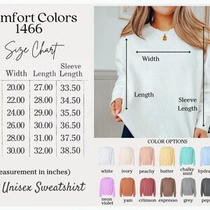 The image is a size chart for an adult unisex sweater, providing measurements for different sizes and corresponding sweater colors.