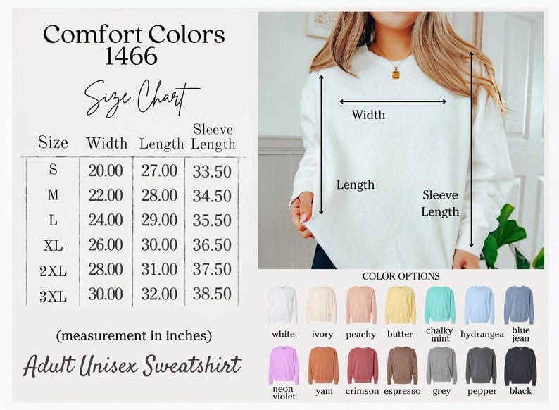 The image is a size chart for an adult unisex sweater, providing measurements for different sizes and corresponding sweater colors.