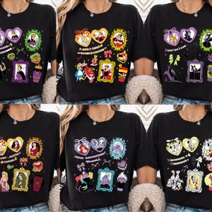 The image is a collage of six black t-shirts, each featuring a unique design with various Disney characters and illustrations.