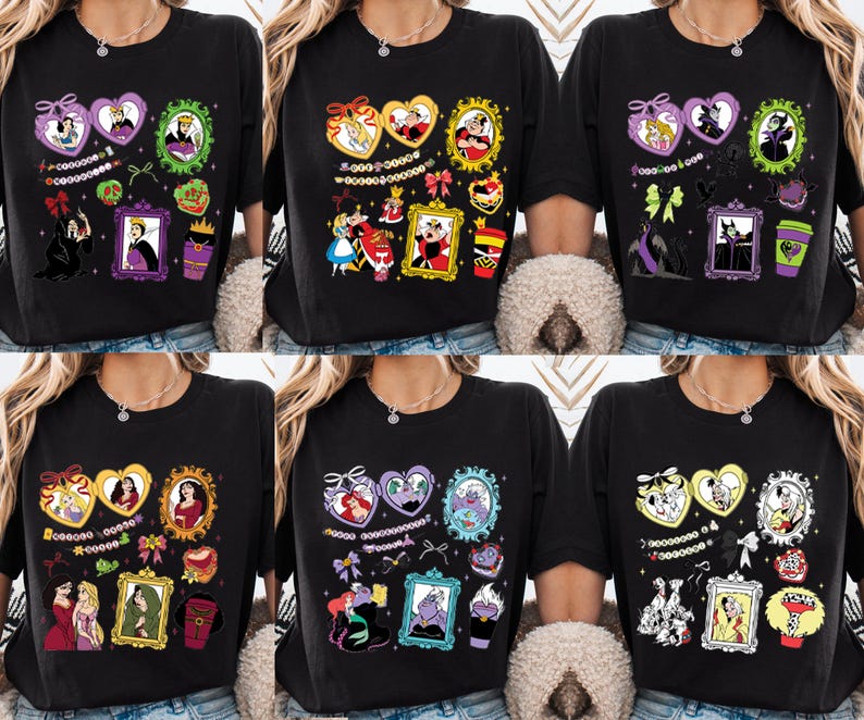 The image is a collage of six black t-shirts, each featuring a unique design with various Disney characters and illustrations.