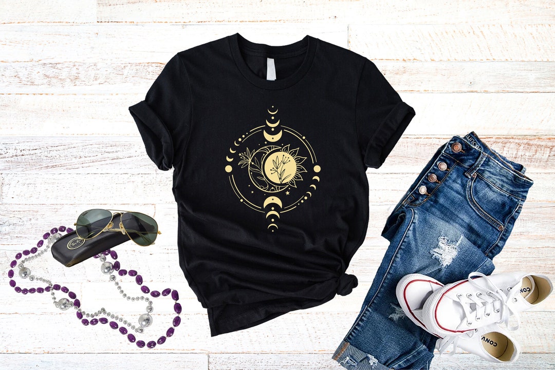Women's Mystic Moon Sun Flower Boho T-Shirt - Celestial Graphic Tee With Wildflower Design