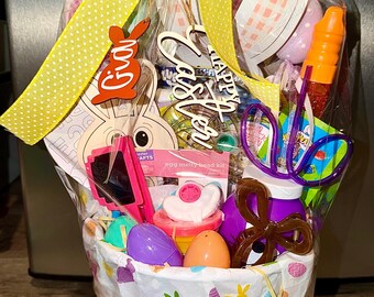 Personalized Easter Basket, Hand-Painted Bunny Name Tag, Filled Surprise Toys Candy Crafts