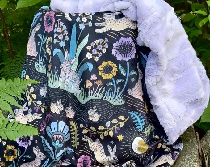 Bunny Baby Blanket | Mystical Rabbit Security Blanket with Minky and Faux Fur | Woodland Nursery Decor | Soft Little Gift for Baby Girl