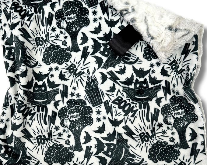Gothic Bats and Cats Lovey Blanket with Faux Fur Back | Gothic Nursery Decor | Superhero | Perfect Baby Shower Gift