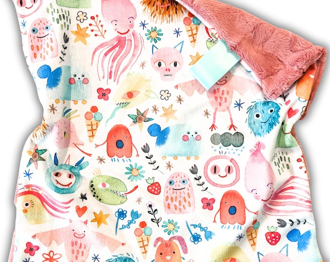 Monsters Lovey Blanket with Faux Fur Back |  Pastel Gothic Nursery Decor | Perfect Baby Shower Gift