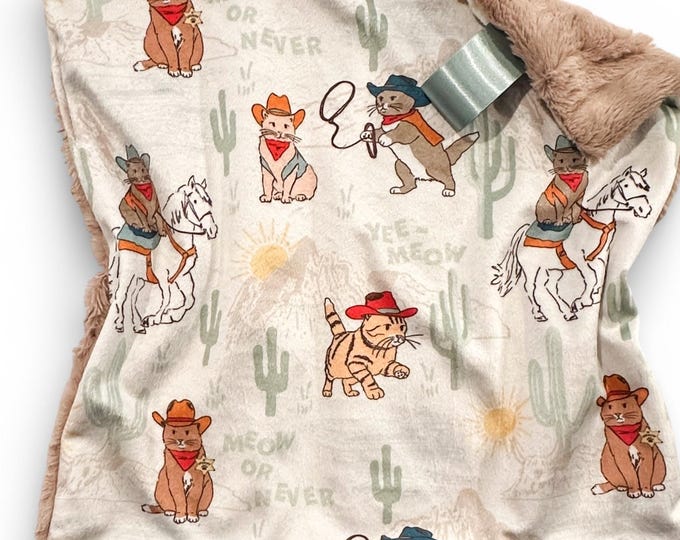 Cats and Cowboys Lovey Blanket | Western Minky Baby Blanket | Unique Gift for Baby |  Cowboy Nursery Decor