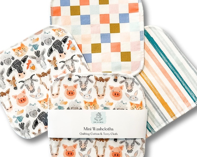 Farm Animal Baby Washcloths – Set of 4 | Organic Cotton Terry | Reusable Baby Wipes | Soft & Absorbent | New Baby Gift