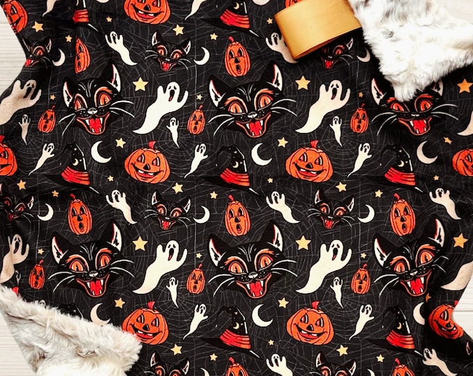 Vintage Halloween Lovey | Jack o Lantern Blanket for Baby | Black Cat Ghost Witch | Baby's  First Halloween Security Blanket | Baby Gift