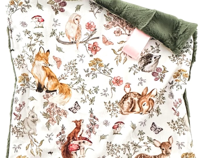 Sweet Woodland Animals Lovey Blanket | Soft Cuddle Security Blanket |  Baby Gift for Girl | Handmade Baby Lovey | Woodland Nursery