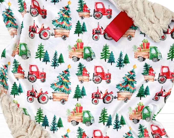 Farm Christmas Minky Lovey Blanket: Tractor & Tree Baby Security Blanket