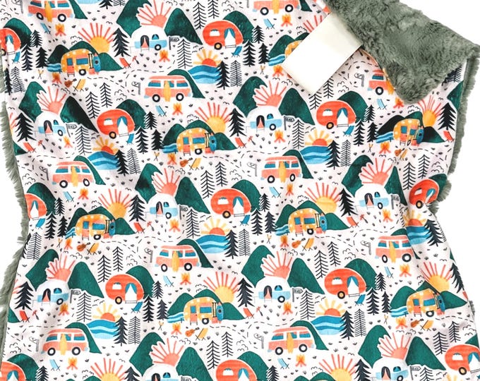 Camping Adventures Lovey Blanket | Soft Cuddle Security Blanket |  Baby Gift for Girl | Handmade Baby Lovey | Outdoors Nursery Decor